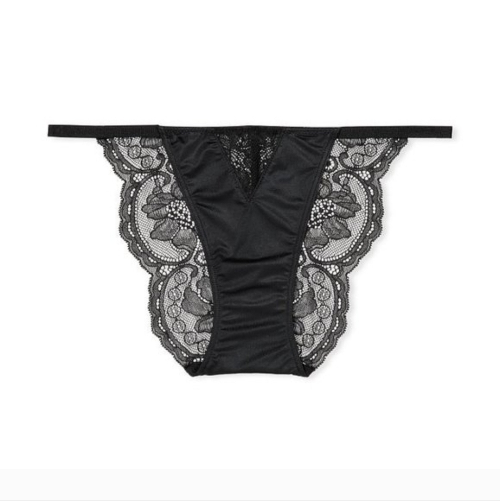 Victoria's Secret Very Sexy Black Satin Lace V-Front String Cheeky New With Tag - Picture 2 of 12